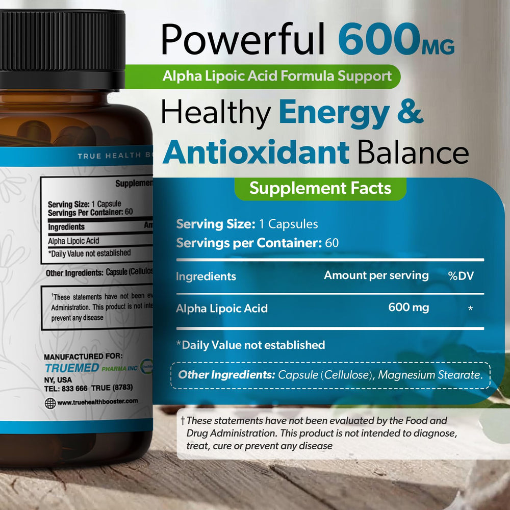 TRUEMED Alpha Lipoic Acid 600mg packaging on countertop designed for simple selection