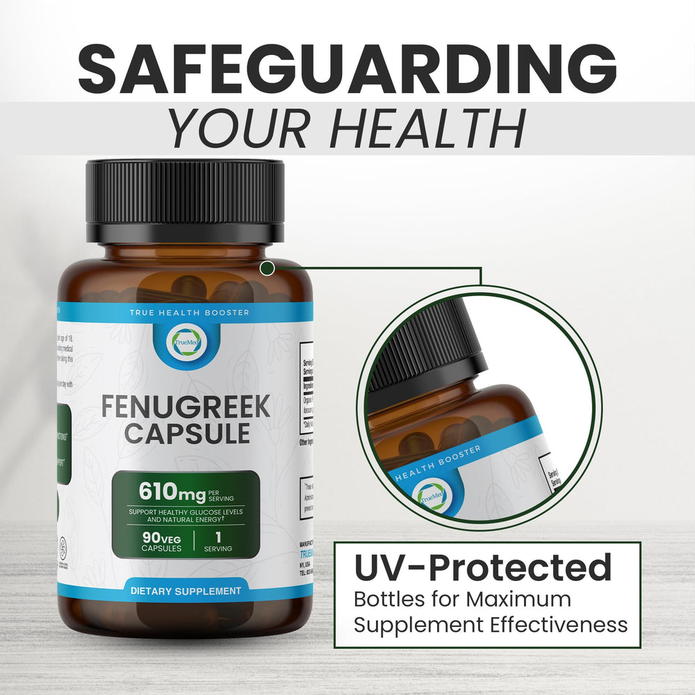 TRUEMED fenugreek bottle beside healthy snacks for everyday use