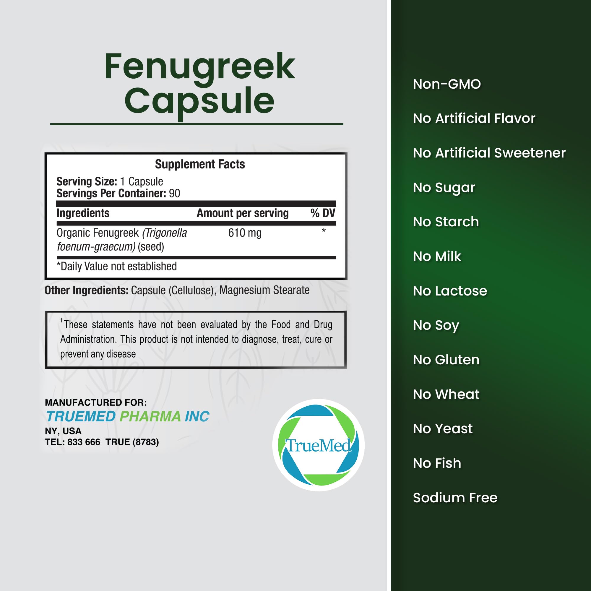 TRUEMED fenugreek capsules close-up showing vegetarian capsules