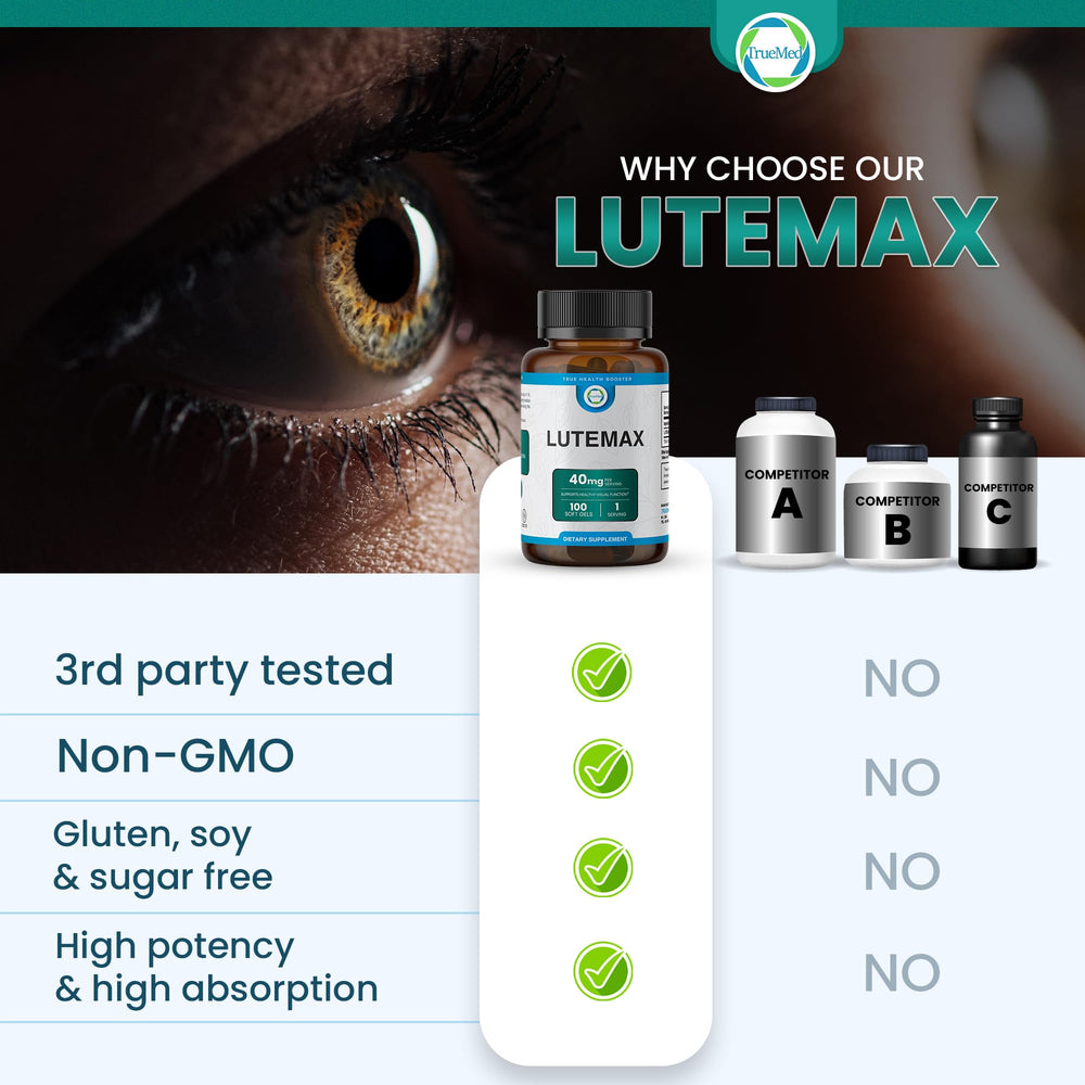 TRUEMED Lutemax 40 mg bottle conveys heart health support alongside eye wellness.
