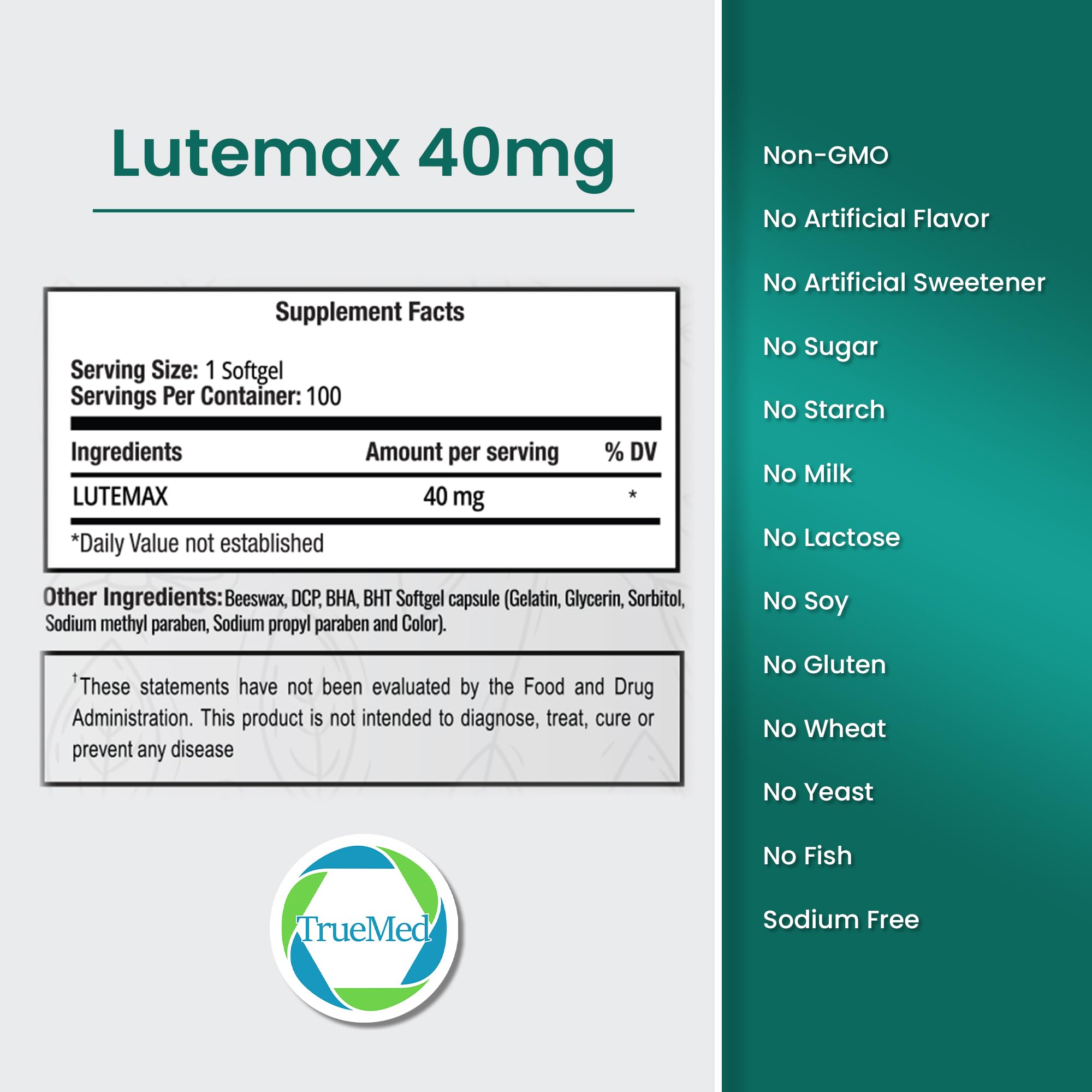 TRUEMED Lutemax 40 mg softgel highlights blue light protection for digital work.