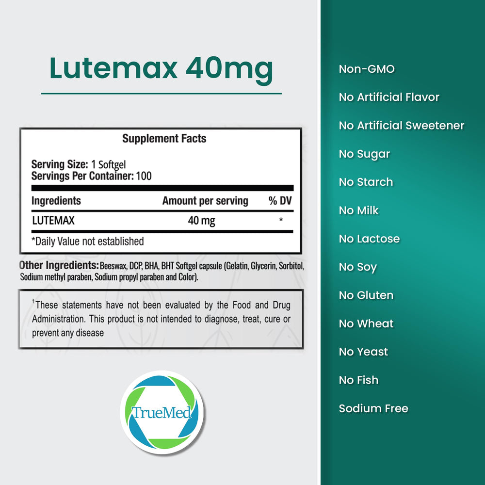 TRUEMED Lutemax 40 mg softgel highlights blue light protection for digital work.