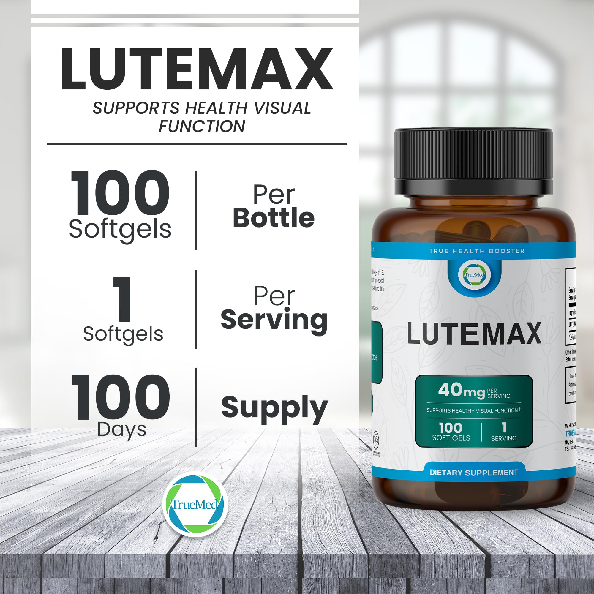 TRUEMED Lutemax 40 mg packaging demonstrates non-GMO ingredients for health-conscious users.