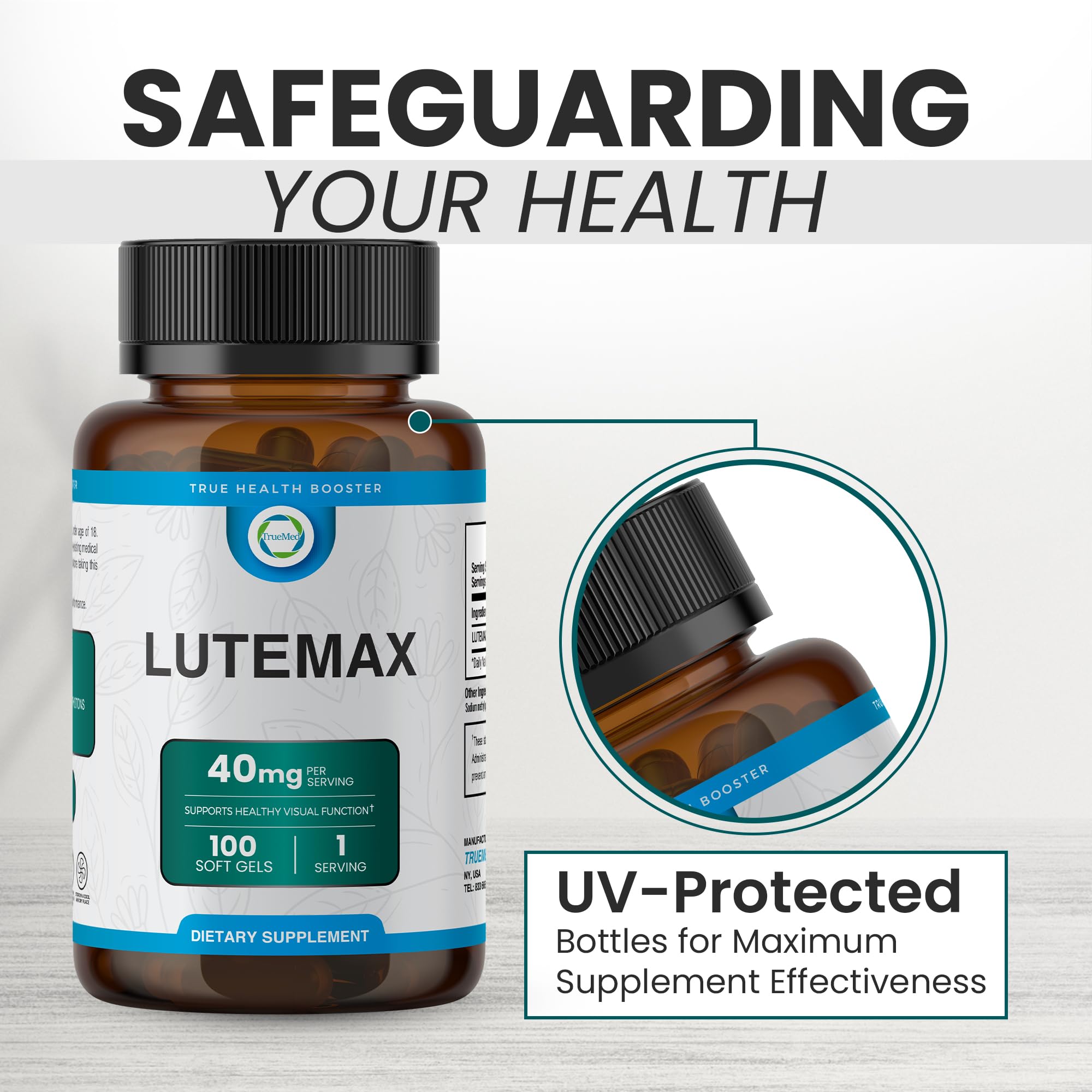 TRUEMED Lutemax 40 mg bottle set illustrates convenient daily eye vitamins.