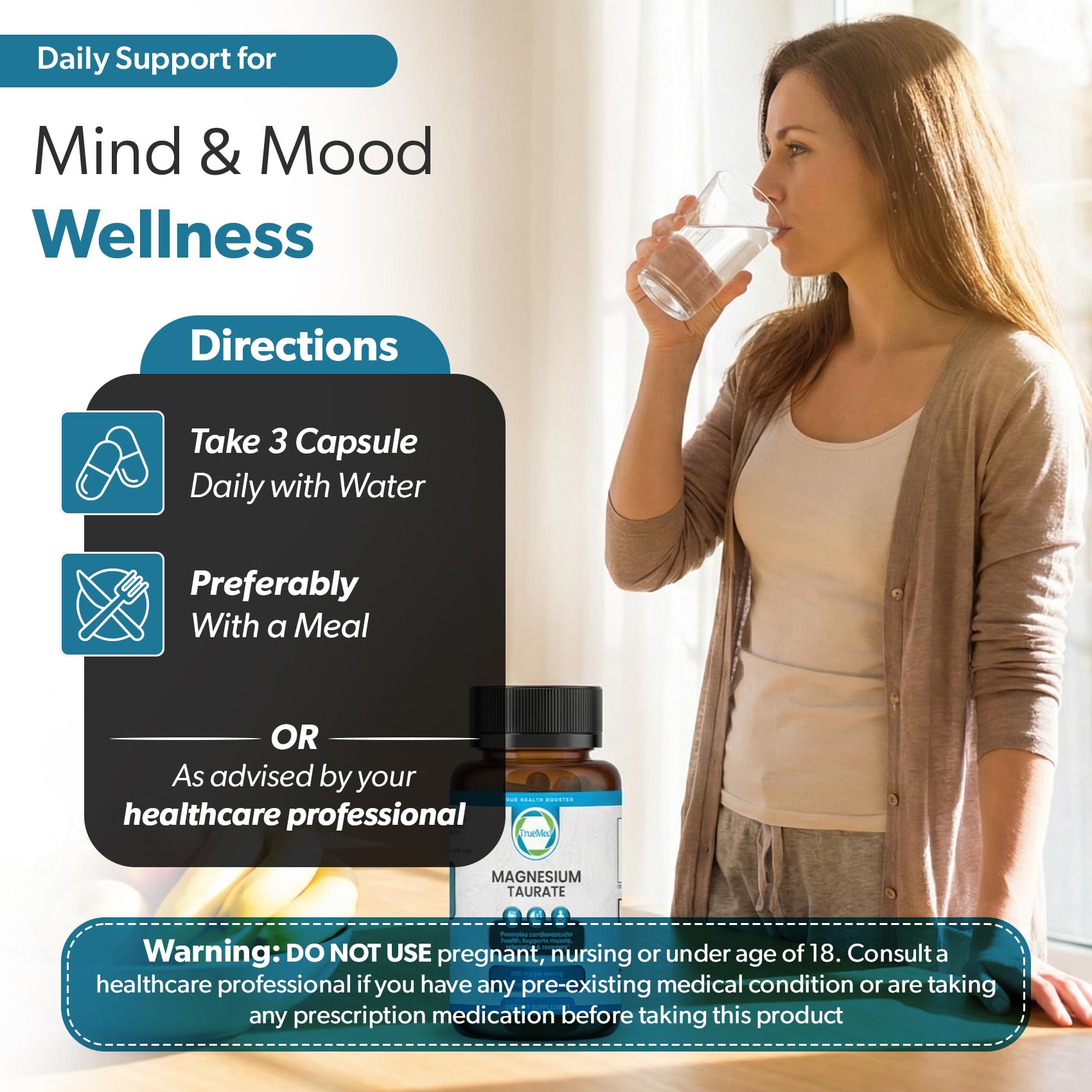 TRUEMED magnesium taurate packaging box showcases convenient 60 capsules for ongoing support.