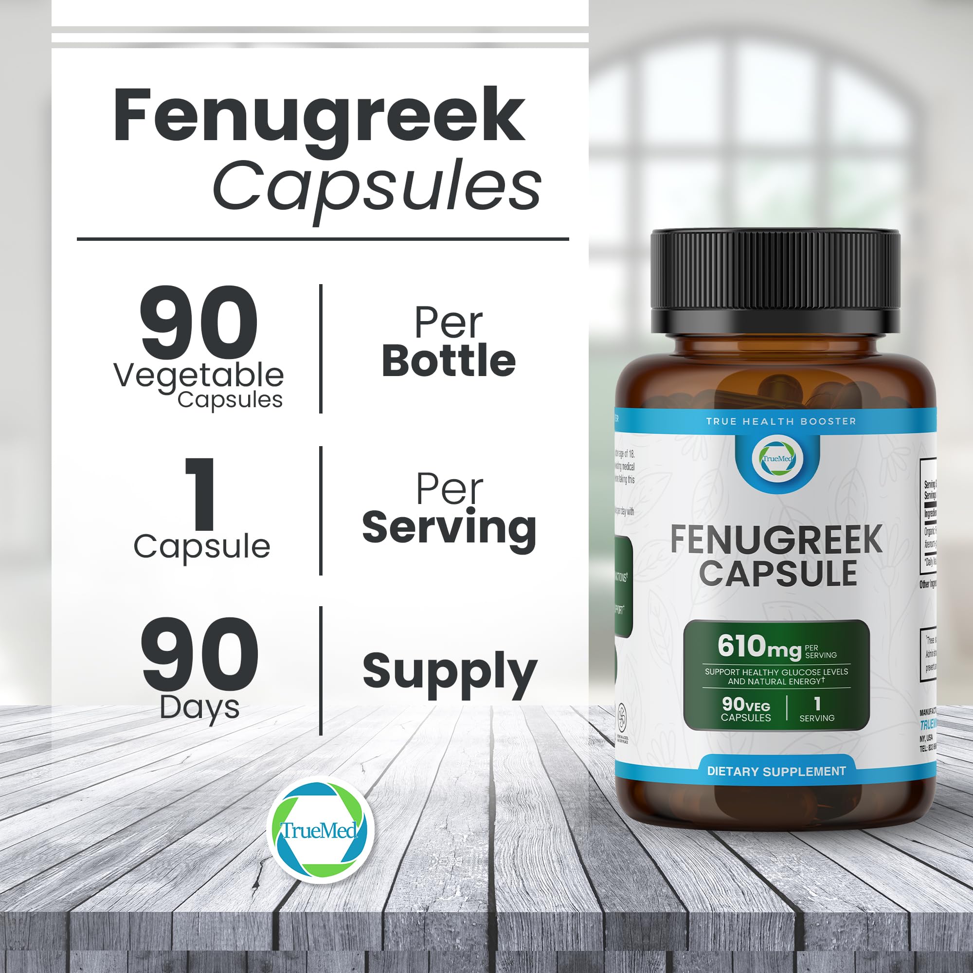TRUEMED natural energy support capsules on a clean countertop