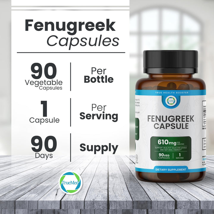 TRUEMED natural energy support capsules on a clean countertop