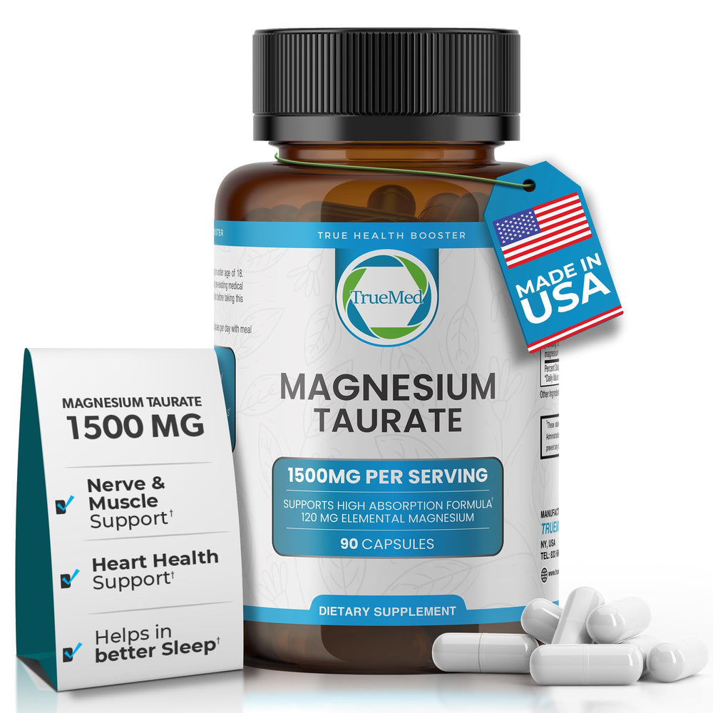 TRUEMED magnesium taurate 1500mg bottle for daily balance and vitality.