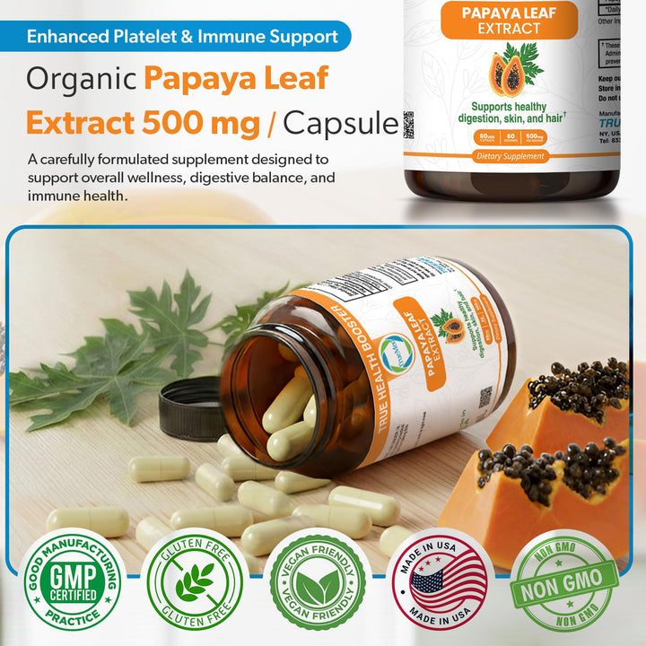 TRUEMED Papaya Leaf Extract USA made badge—quality from GMP facility