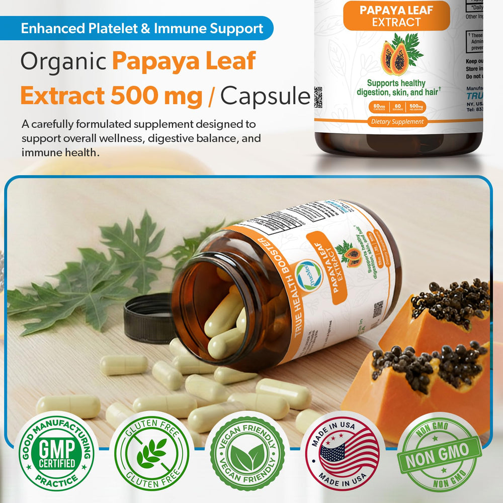 TRUEMED Papaya Leaf Extract USA made badge—quality from GMP facility
