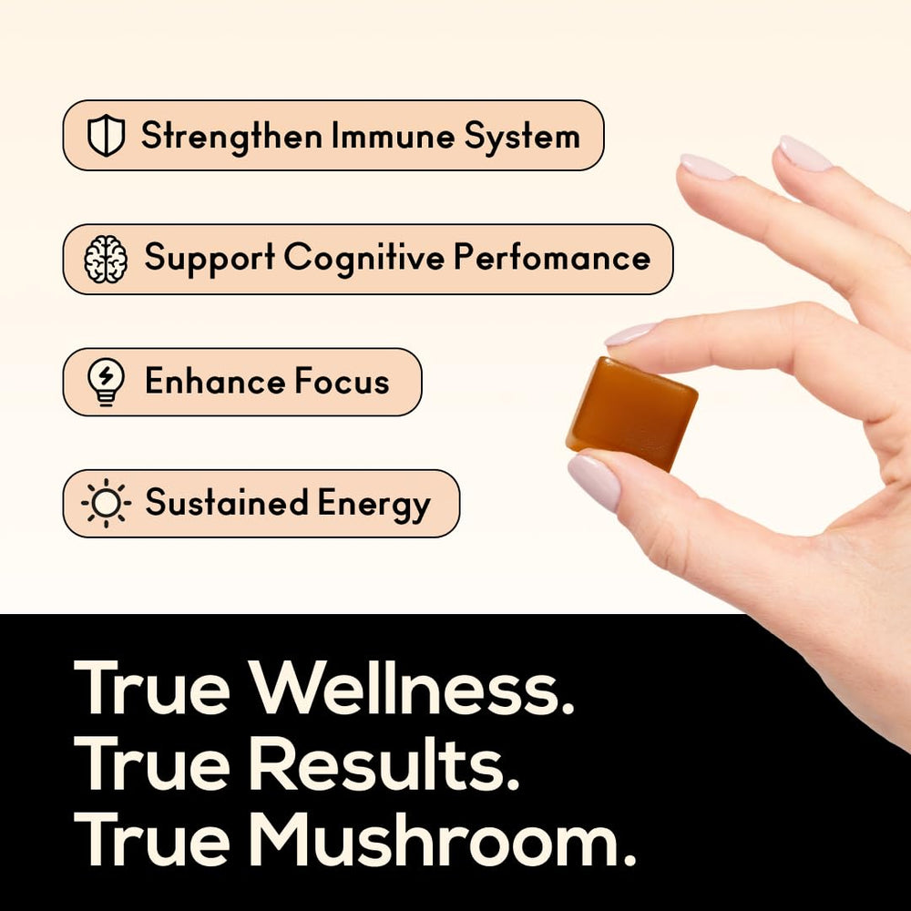TrueMushroom Cordyceps gummies in bottle highlight natural energy for busy days.