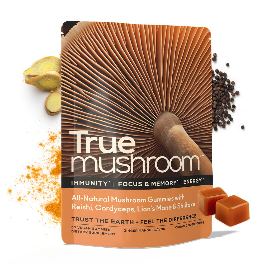 TrueMushroom Immune Gummies Lion’s Mane close-up signals focus support.