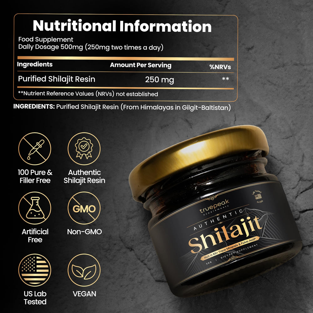 TruePeak Himalayan Shilajit resin presented on white background