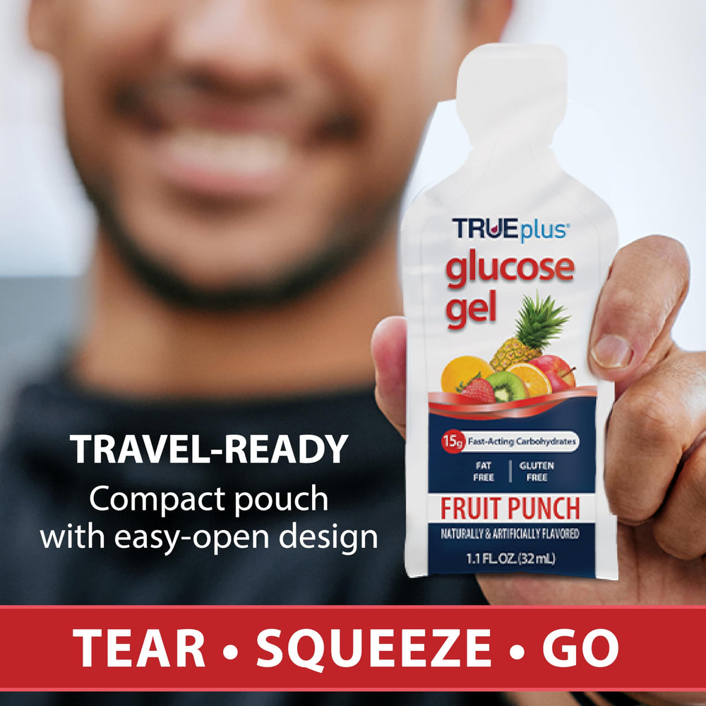 TRUEplus Glucose Gel Pouch travel-friendly design fits bags and pockets.