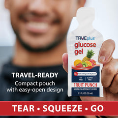 TRUEplus Glucose Gel Pouch travel-friendly design fits bags and pockets.