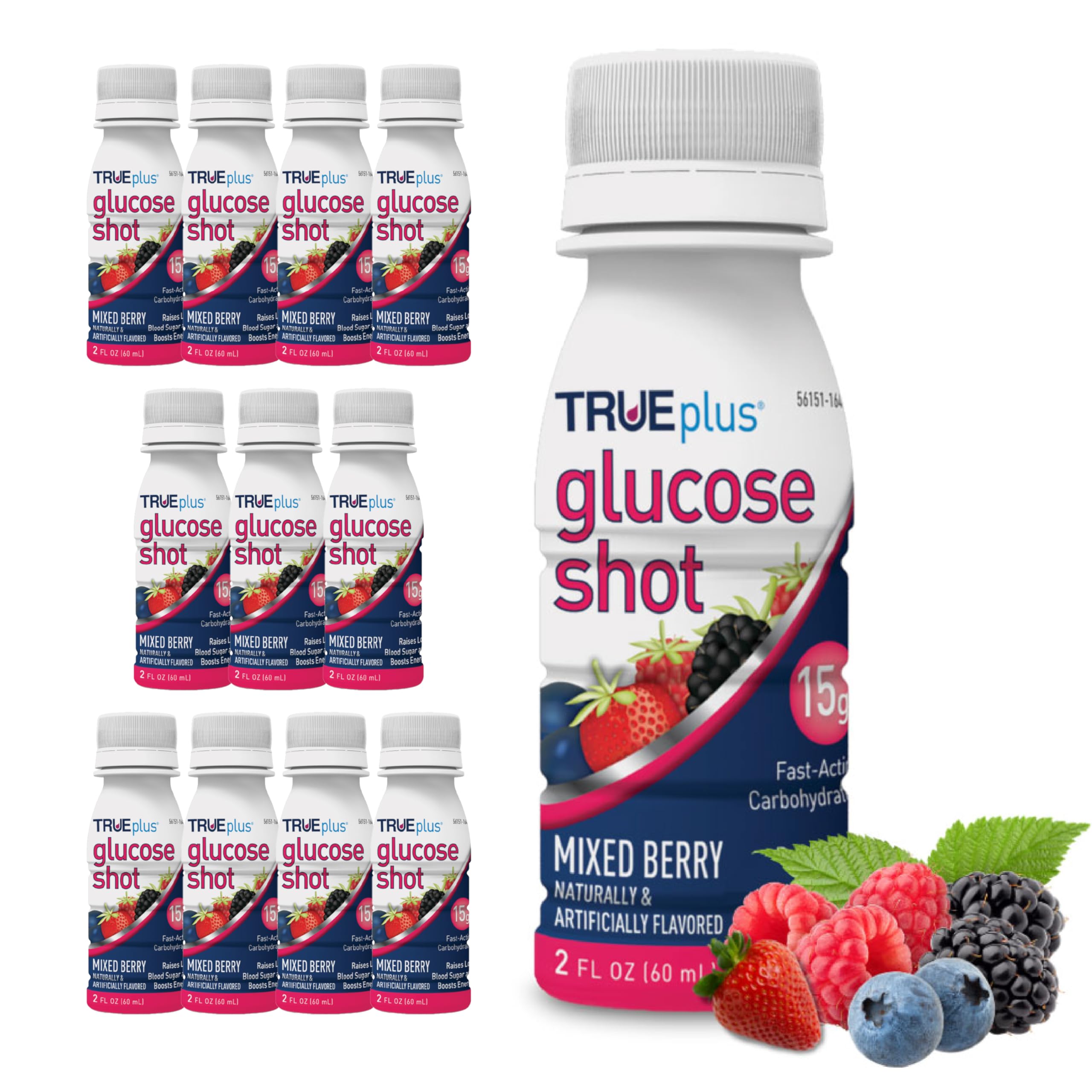 TRUEplus Glucose Shots bottle front in Mixed Berry for on-the-go quick energy.