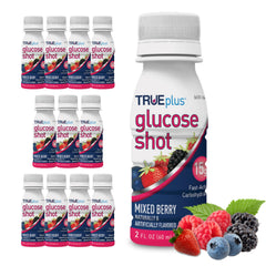 TRUEplus Glucose Shots bottle front in Mixed Berry for on-the-go quick energy.