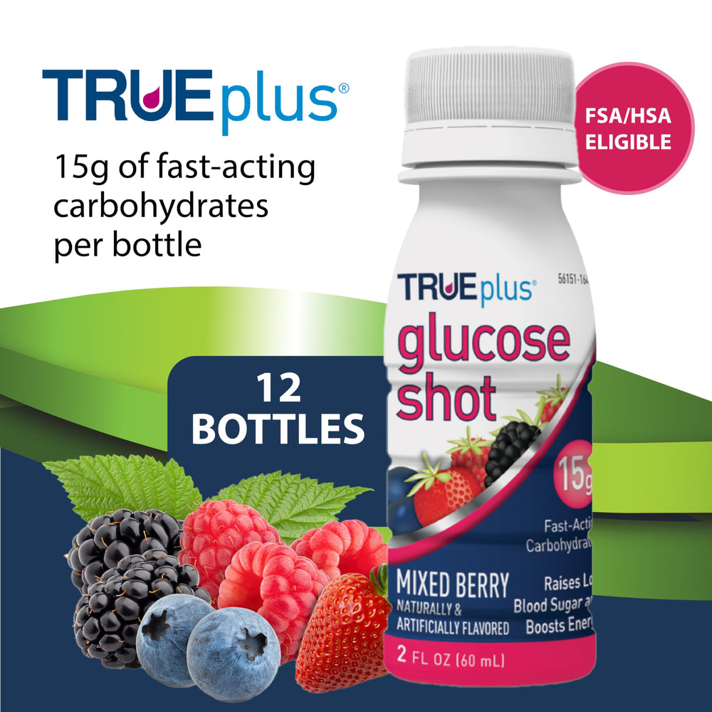 TRUEplus Glucose Shots easy-open bottle in Mixed Berry for simple one-handed use.
