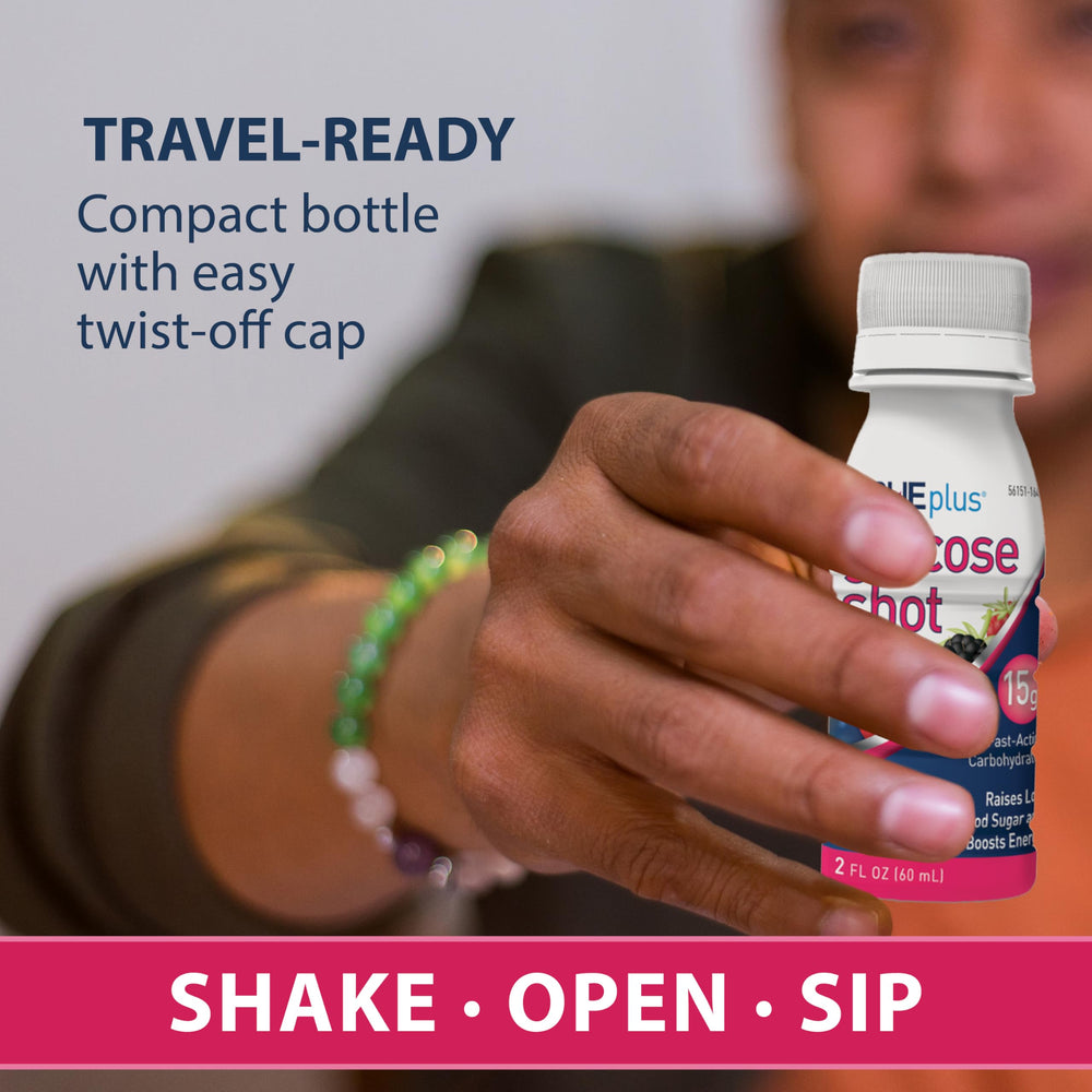 TRUEplus Glucose Shots label close-up, Mixed Berry, vibrant flavor for quick enjoyment.