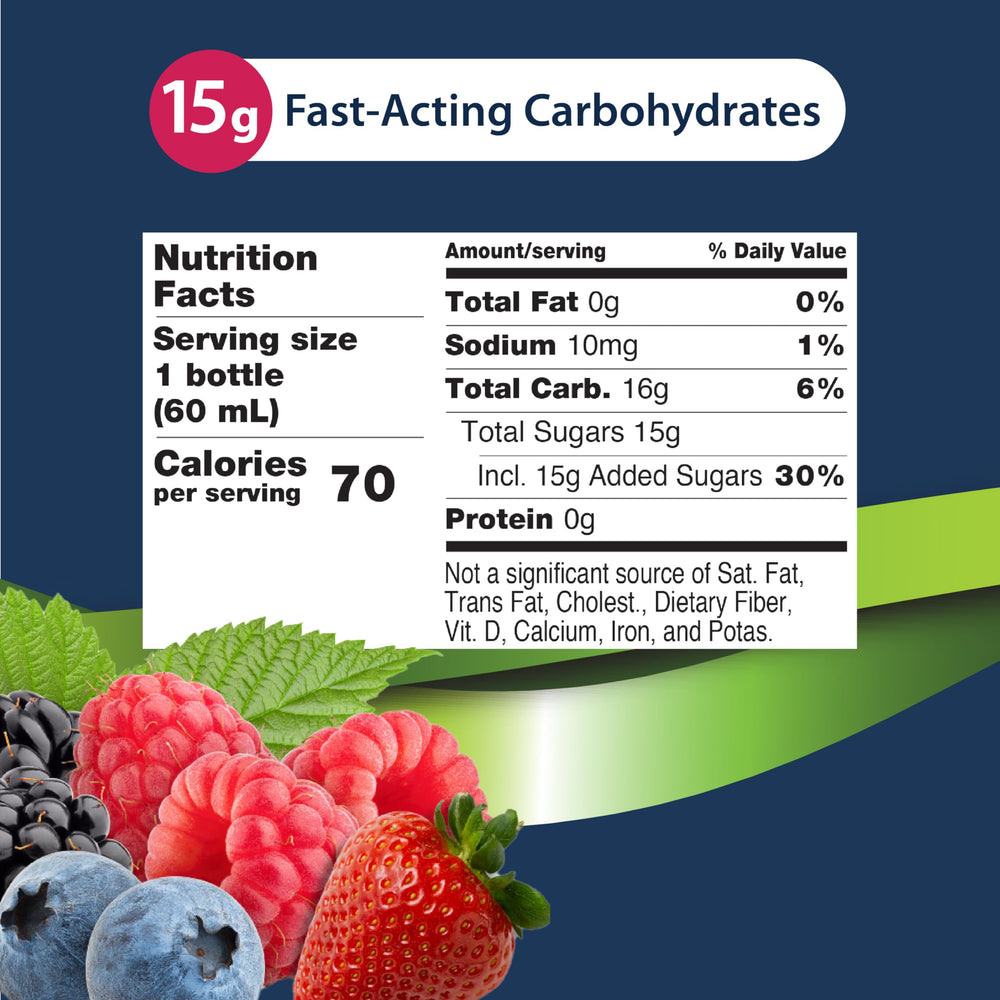 TRUEplus Glucose Shots pour shot in Mixed Berry for fast intake between activities.