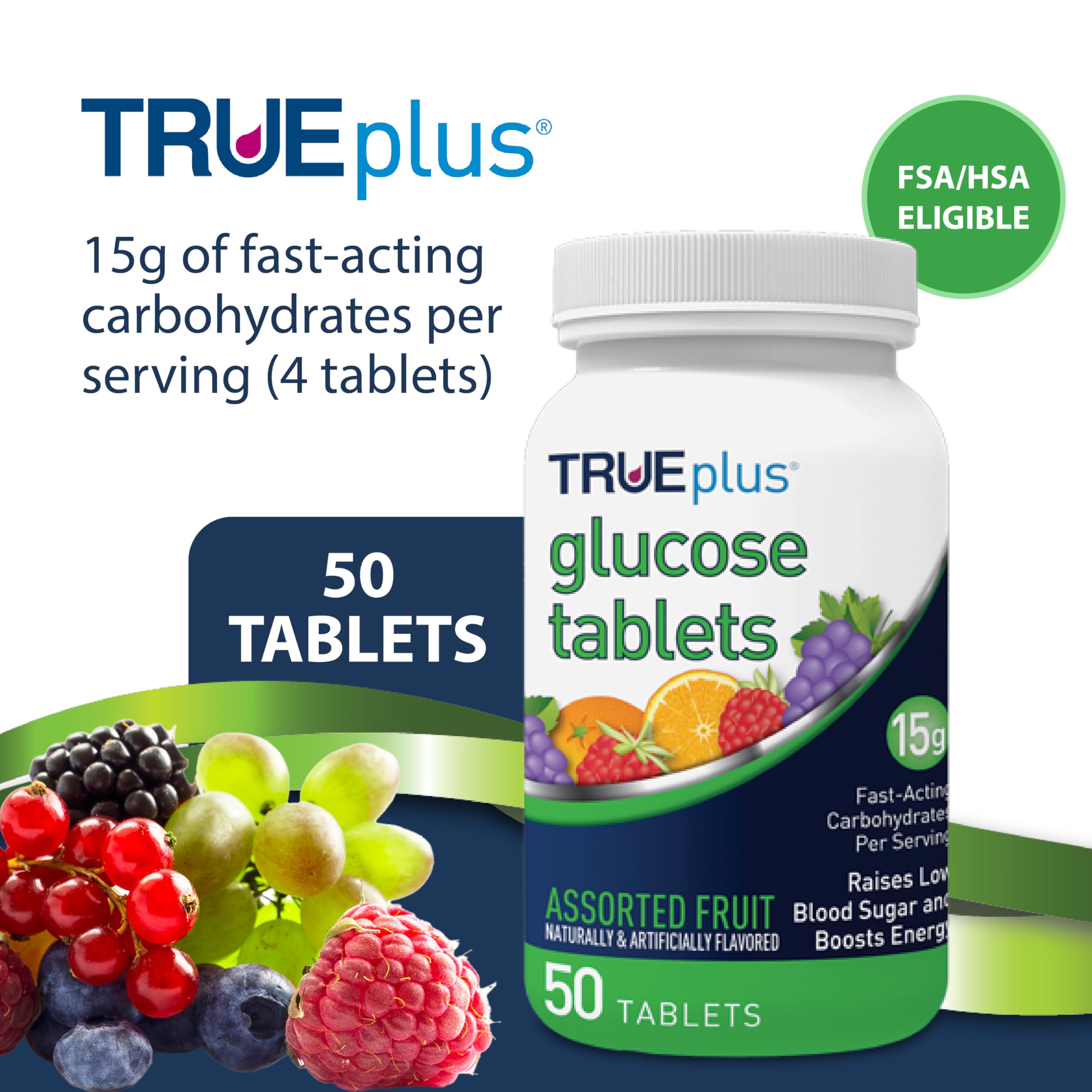 TRUEplus Glucose Tablets bottle back label view, non-perishable convenience for home use.