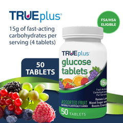 TRUEplus Glucose Tablets bottle back label view, non-perishable convenience for home use.