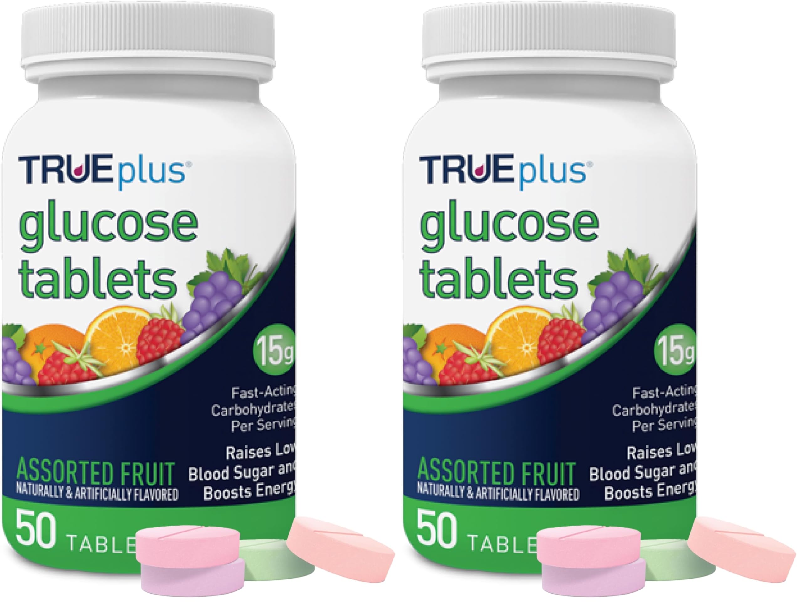 TRUEplus Glucose Tablets bottle front view, 50-count, ideal for fast-acting energy on the go.