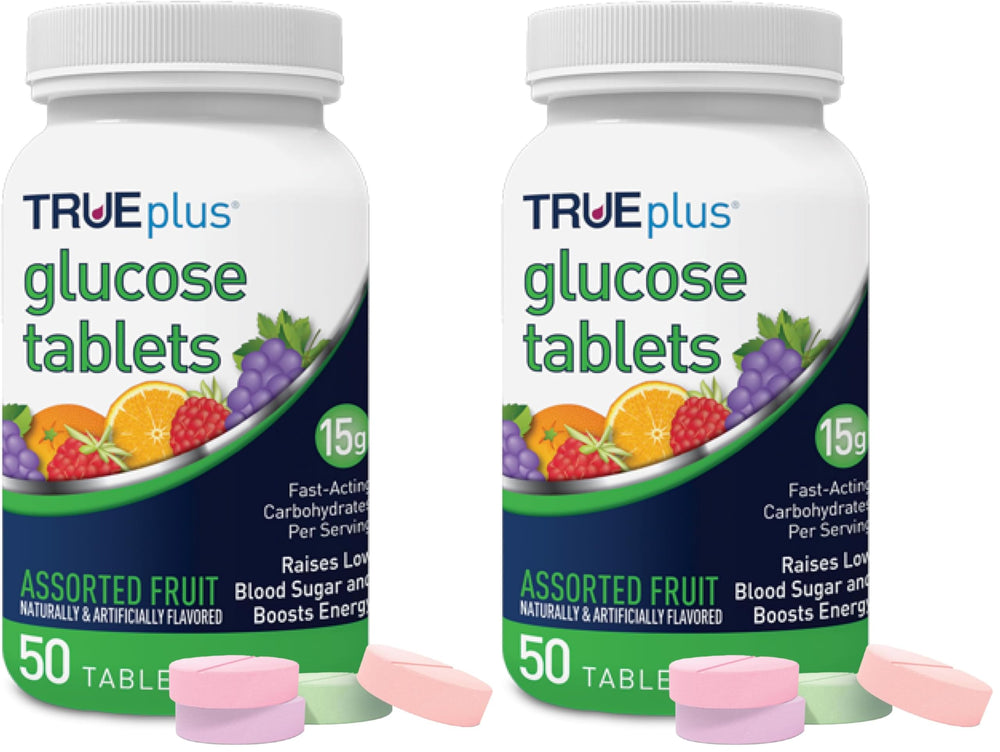 TRUEplus Glucose Tablets bottle front view, 50-count, ideal for fast-acting energy on the go.