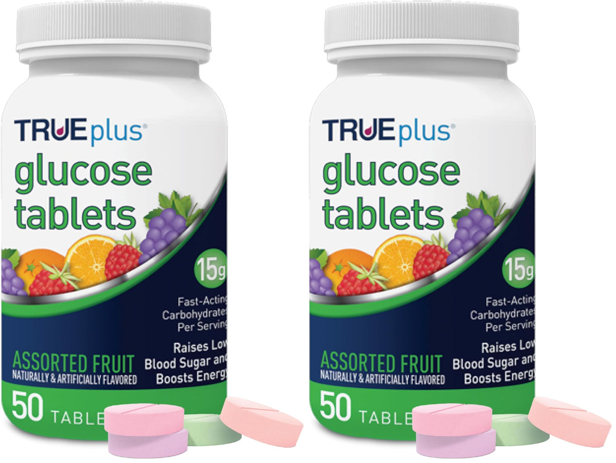 TRUEplus Glucose Tablets bottle front view, 50-count, ideal for fast-acting energy on the go.