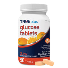TRUEplus Glucose Tablets orange bottle front for quick on-the-go energy.