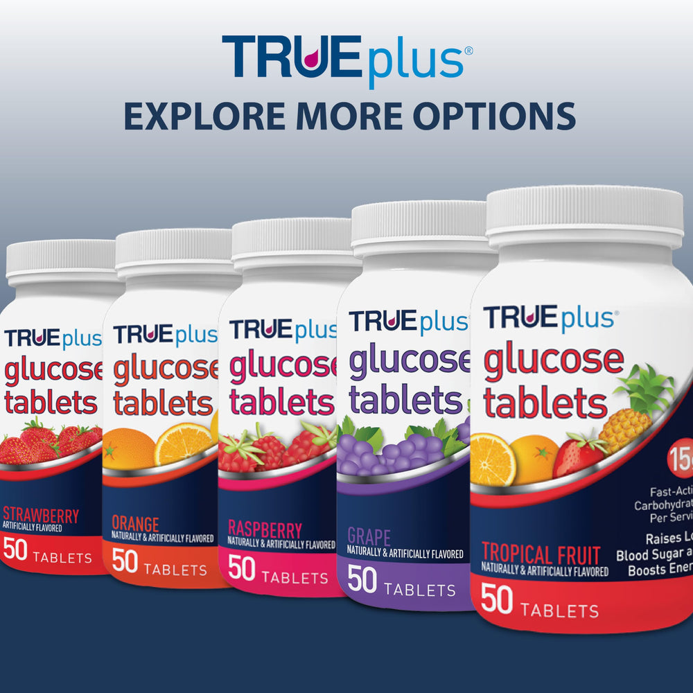 TRUEplus Glucose Tablets in-use scene representing on-the-go support.