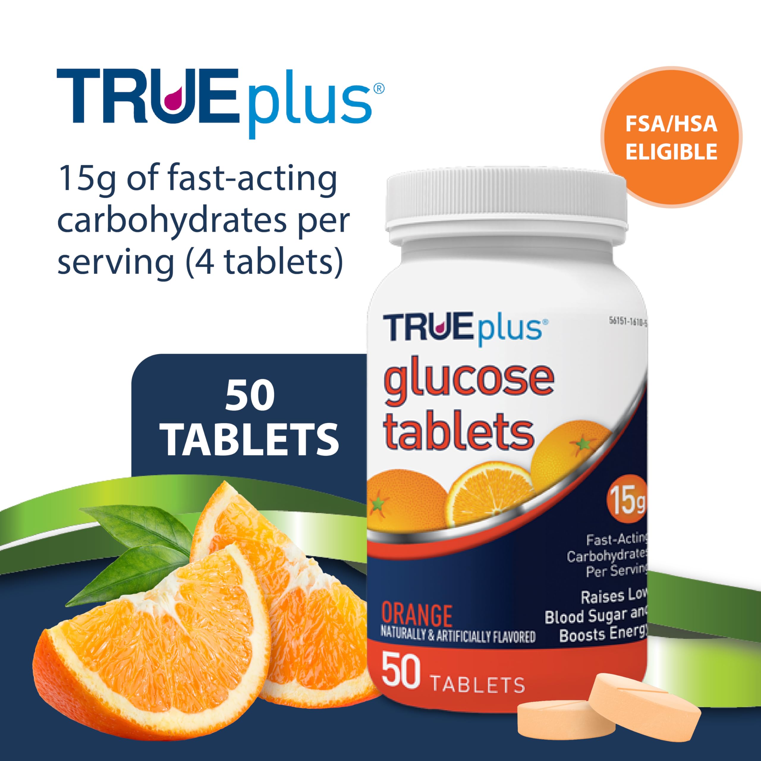 TRUEplus Glucose Tablets serving portion shows four tablets per serving.