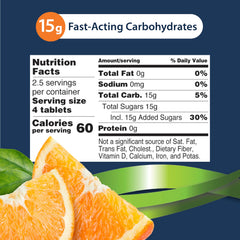 Close-up of TRUEplus Glucose Tablets orange tablet highlighting fast-acting carbs.