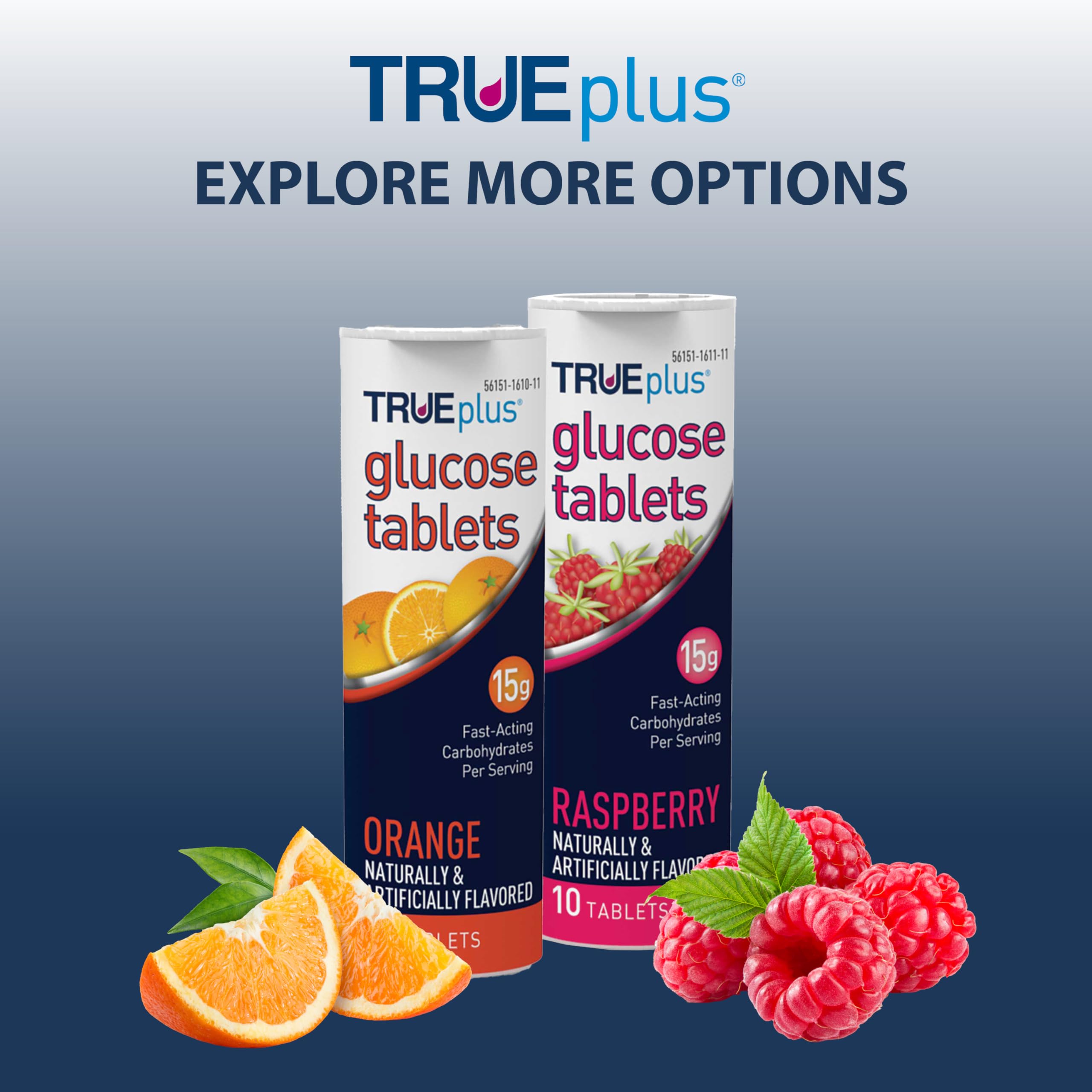 TRUEplus Glucose Tablets orange tubes with six-pack offer convenient, non-perishable energy.