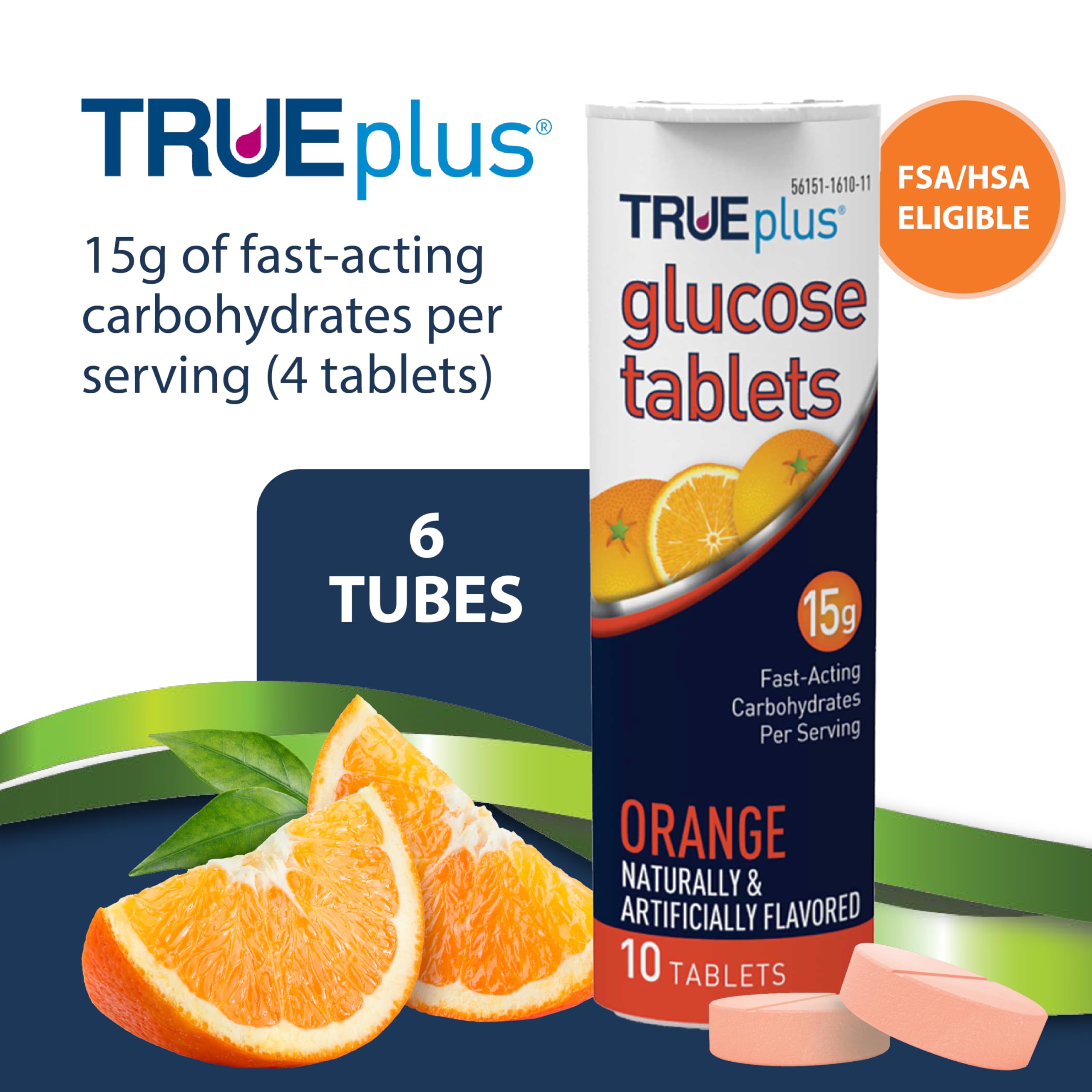 TRUEplus Glucose Tablets orange tubes, side view, portable energy boost for activities.
