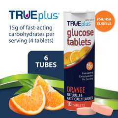 TRUEplus Glucose Tablets orange tubes, side view, portable energy boost for activities.