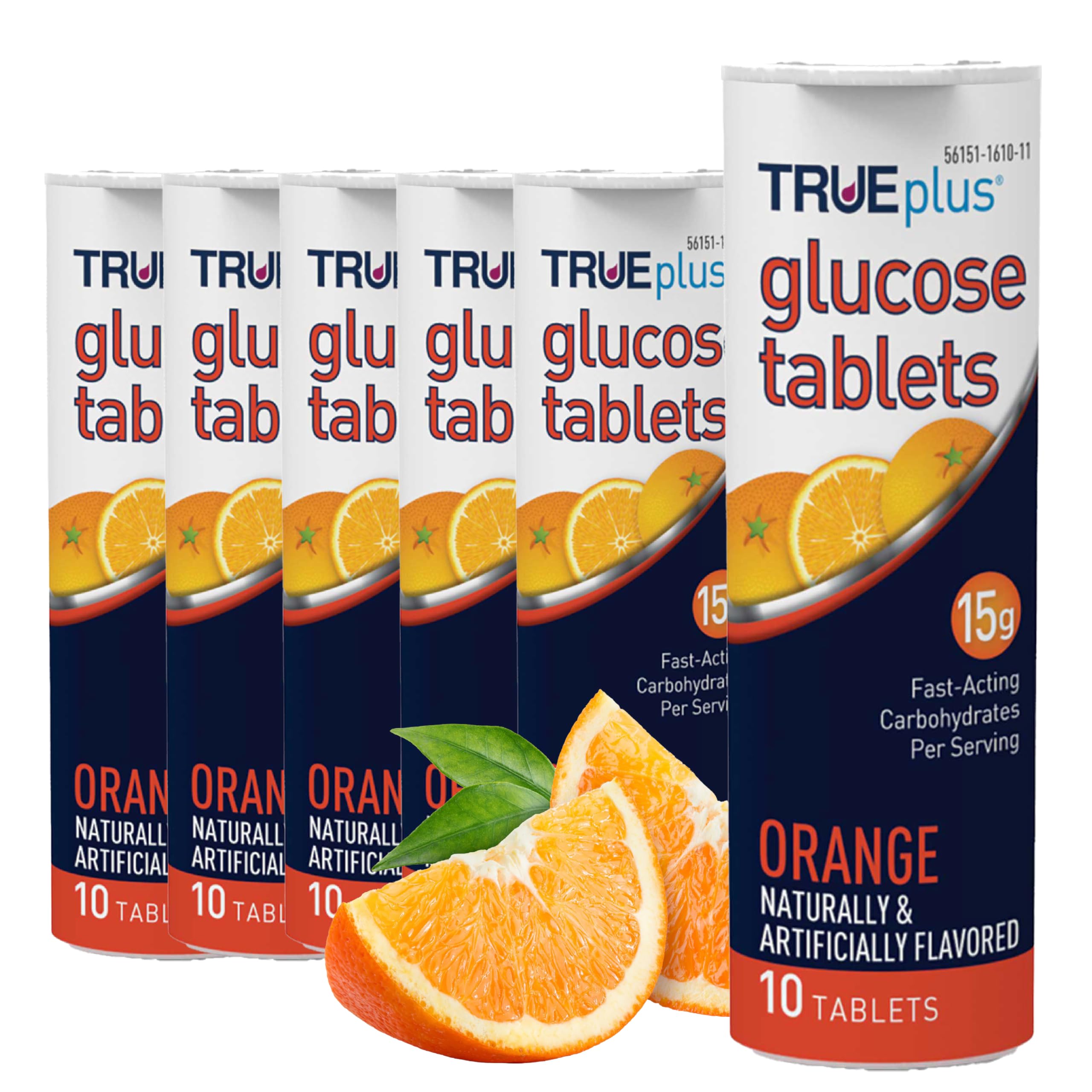 TRUEplus Glucose Tablets orange tubes six-pack for quick energy on the go.