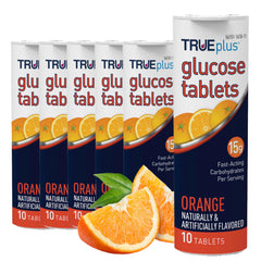 TRUEplus Glucose Tablets orange tubes six-pack for quick energy on the go.