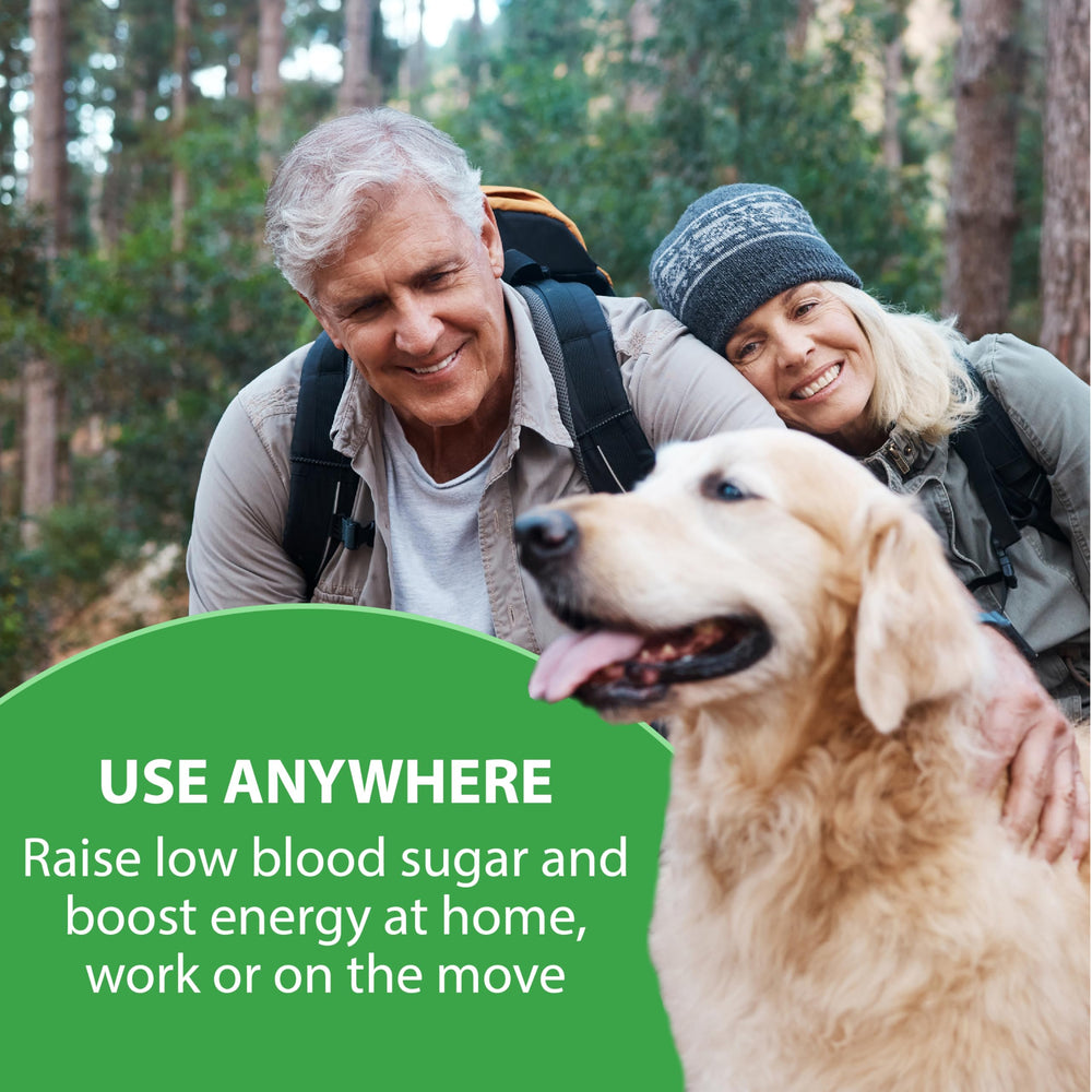 TRUEplus Glucose Tablets close-up of tablets, four-tablet serving highlights ease of use.