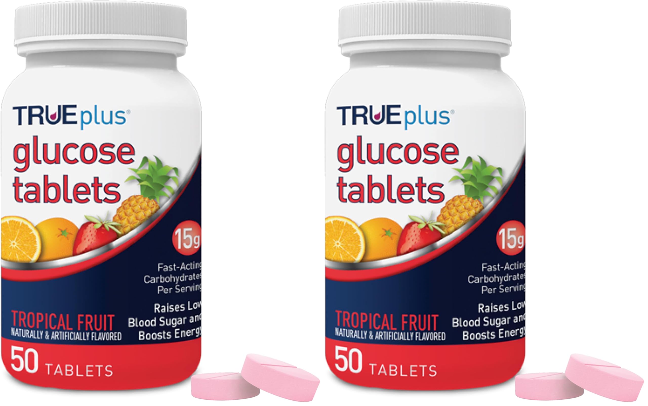 TRUEplus glucose tablets tropical fruit bottle for quick, portable at-home use.