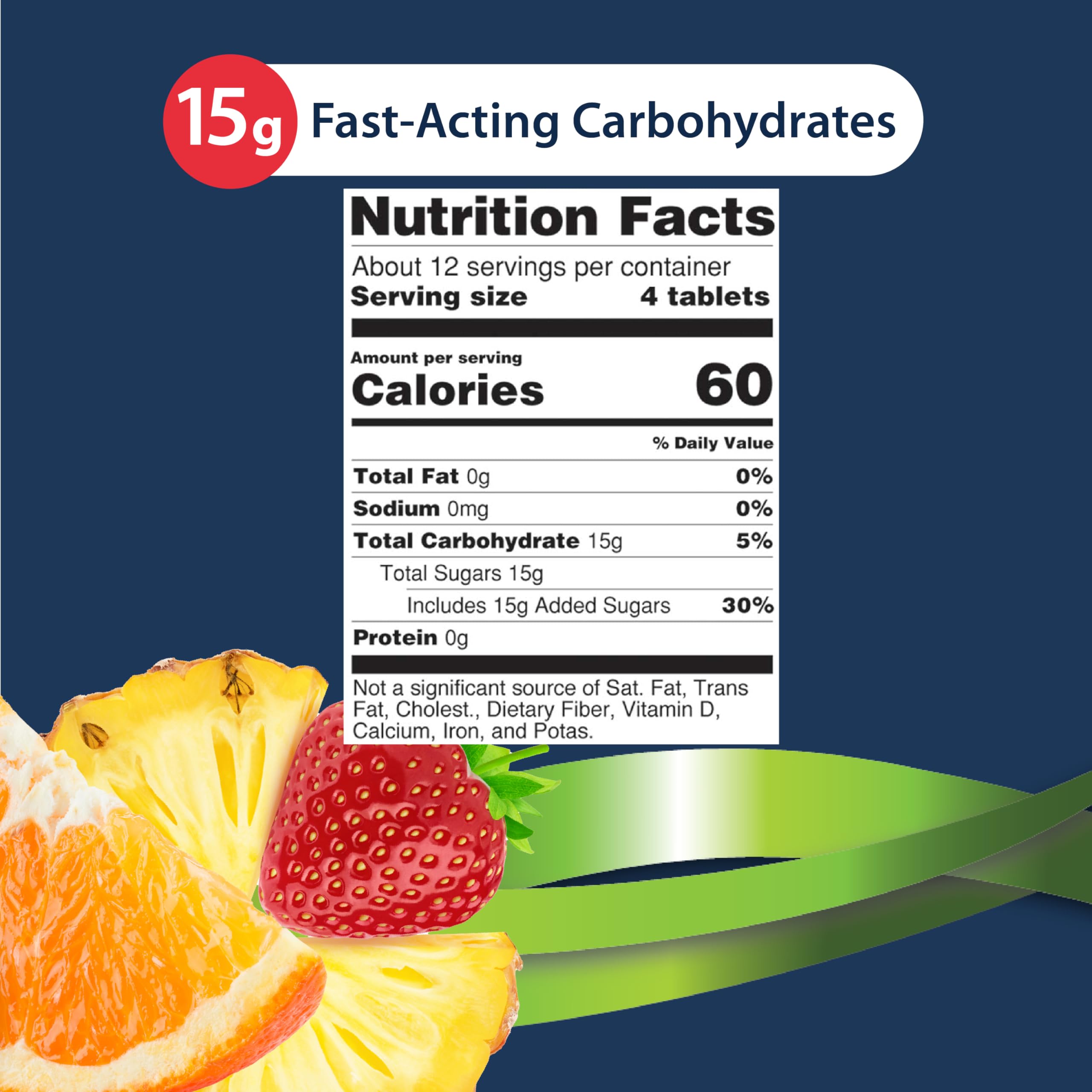 TRUEplus glucose tablets serving image shows four tablets per serving for simple portion control.