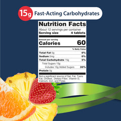 TRUEplus glucose tablets serving image shows four tablets per serving for simple portion control.