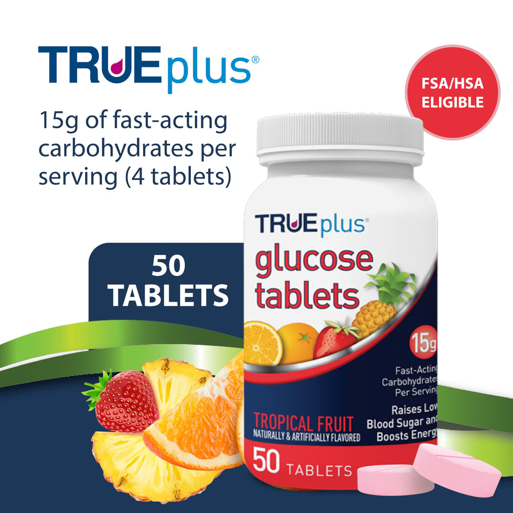 TRUEplus tropical fruit glucose tablets close-up showing easy-dosing for daily use.