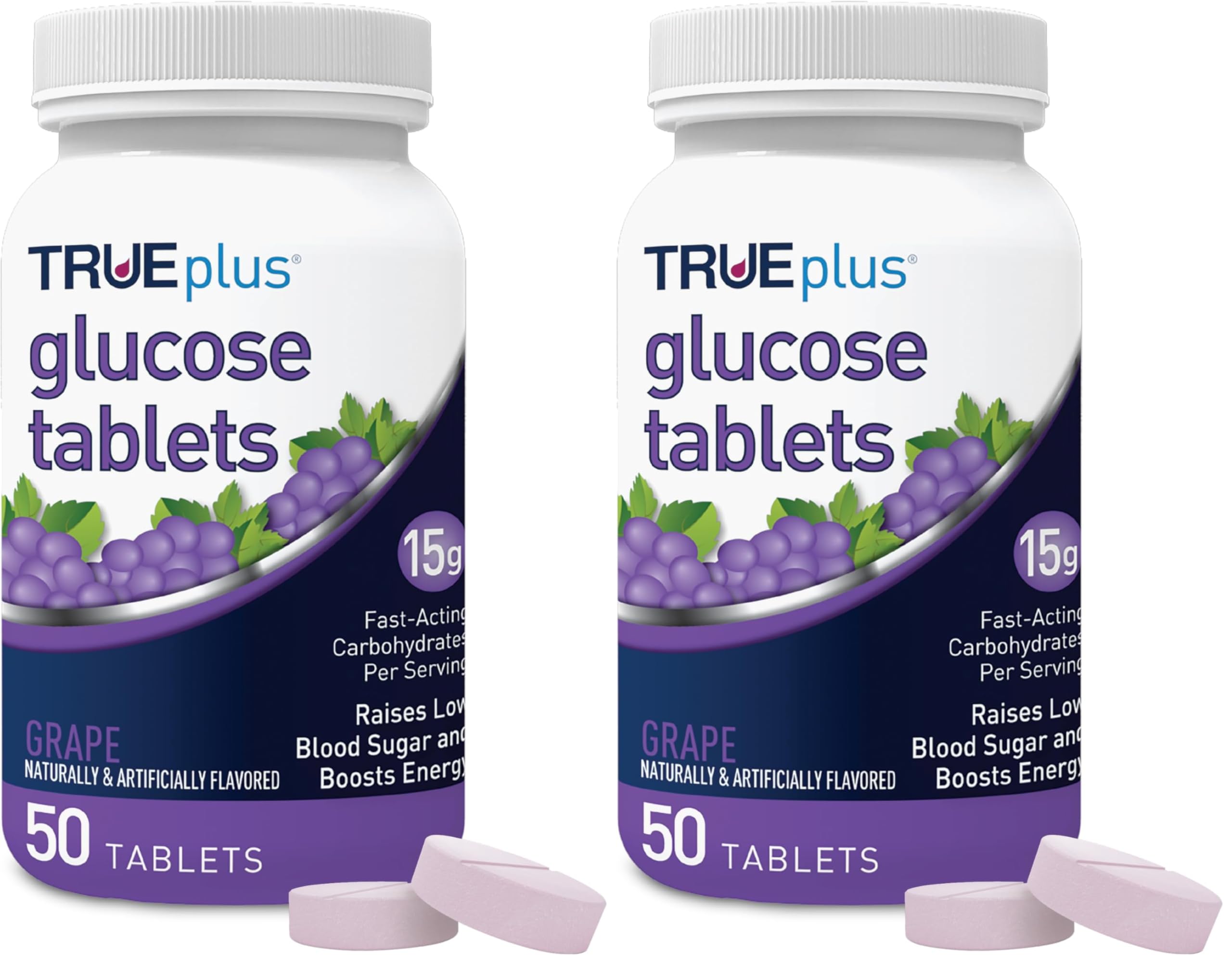 TRUEplus Glucose Tablets grape bottle front for quick energy on the go.