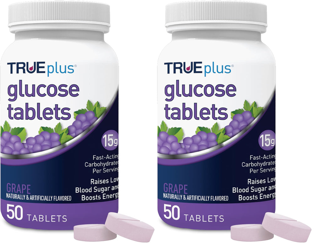 TRUEplus Glucose Tablets grape bottle front for quick energy on the go.