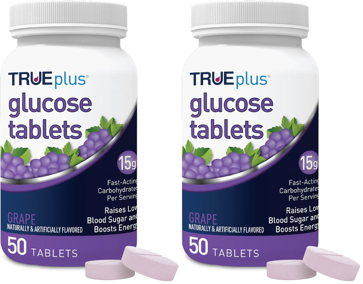 TRUEplus Glucose Tablets grape bottle front for quick energy on the go.