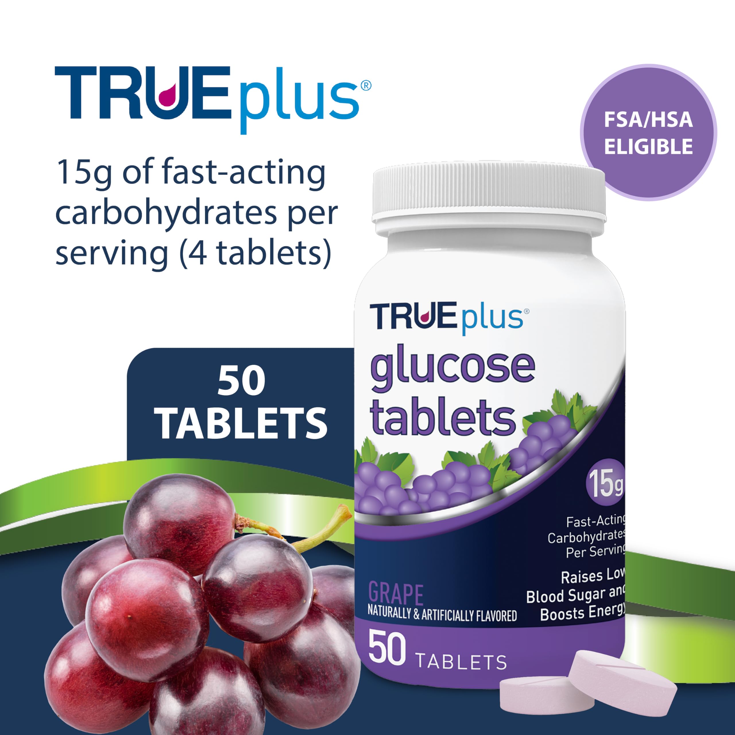 TRUEplus Glucose Tablets grape bottle side displays serving details for planning.