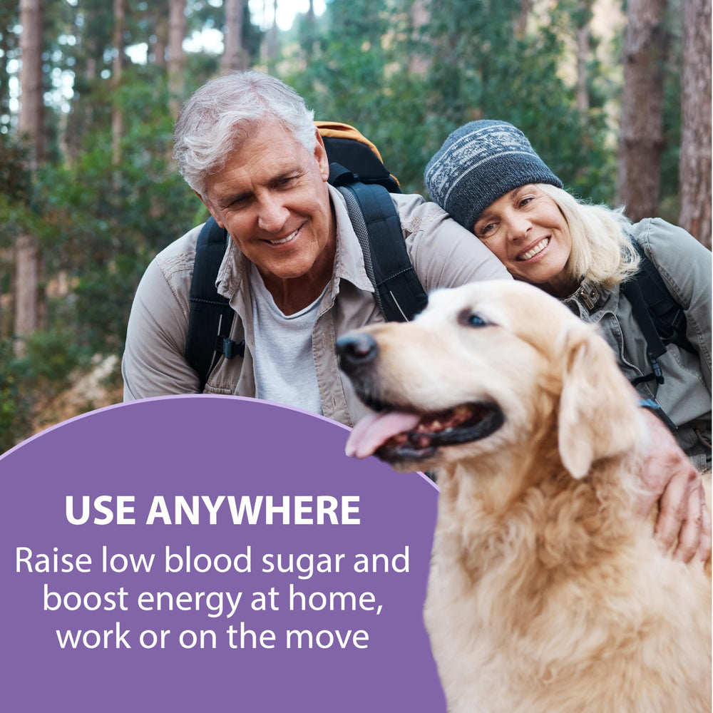 TRUEplus Glucose Tablets grape flavor graphic suggests on-the-go use.