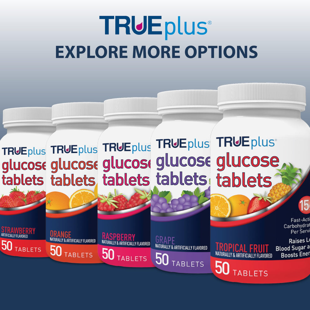 TRUEplus Glucose Tablets grape bottle back shows ingredients and usage.