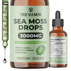 TrueSeaMoss bottle-front view showing apple flavored drops for daily use.